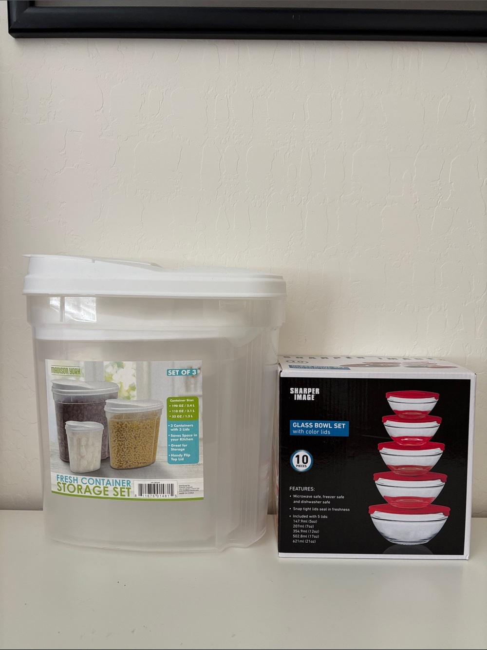 Sharper Image Mixing Bowl Set with Red Lids and White Pantry Containers